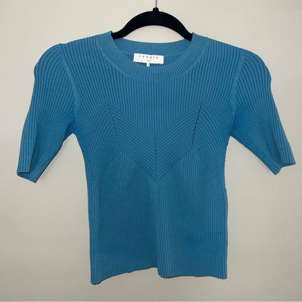 Sandro Paris Ribbed Knit Elastic Stretch Short Sleeve Top